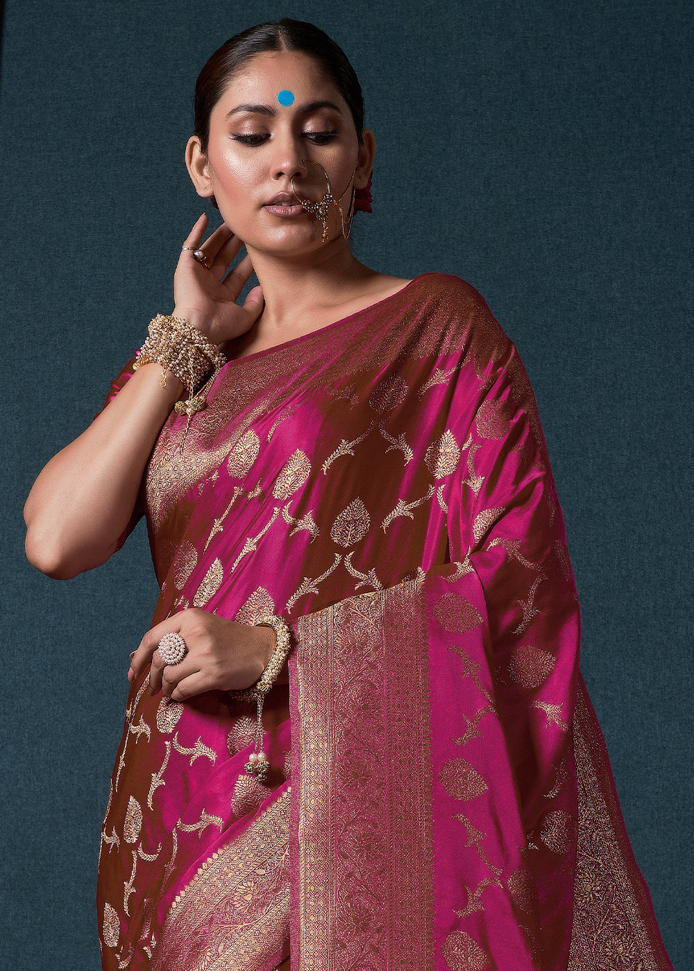 Hot Pink Zari Woven Satin Silk Saree