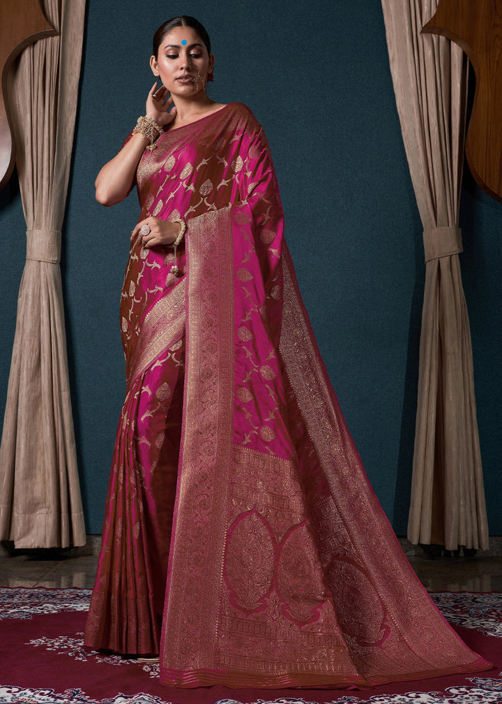 Hot Pink Zari Woven Satin Silk Saree