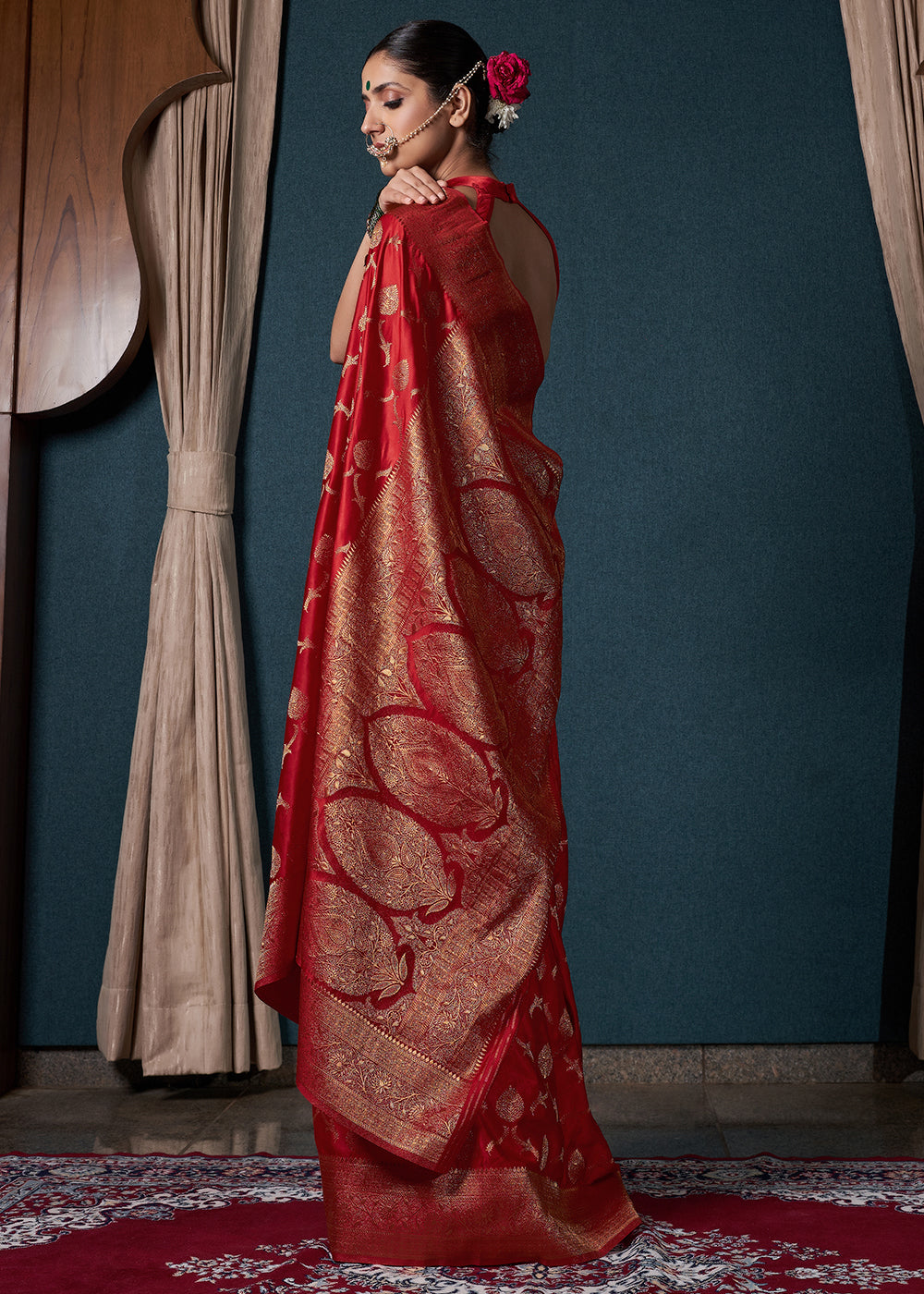 Crimson Red Zari Woven Satin Silk Saree