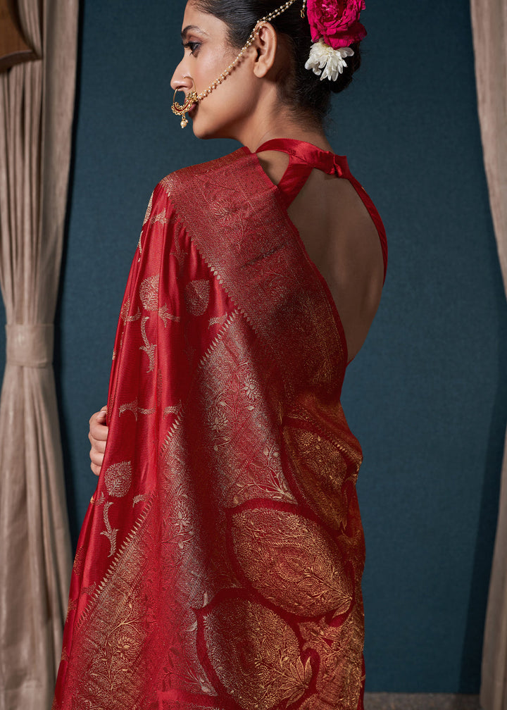 Crimson Red Zari Woven Satin Silk Saree