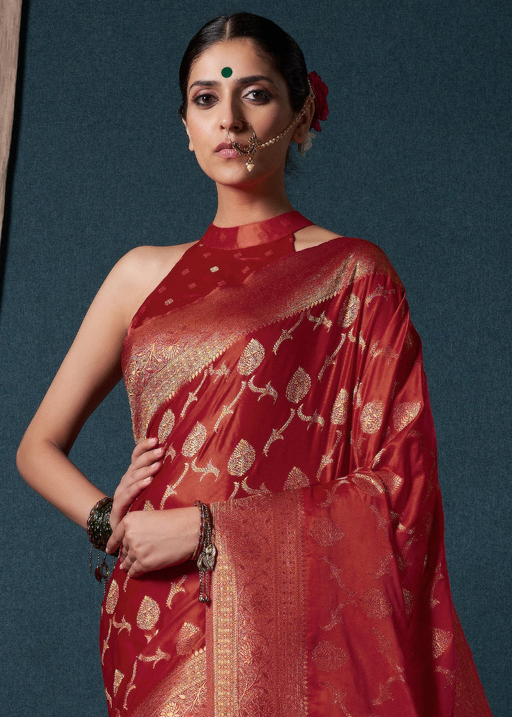 Crimson Red Zari Woven Satin Silk Saree