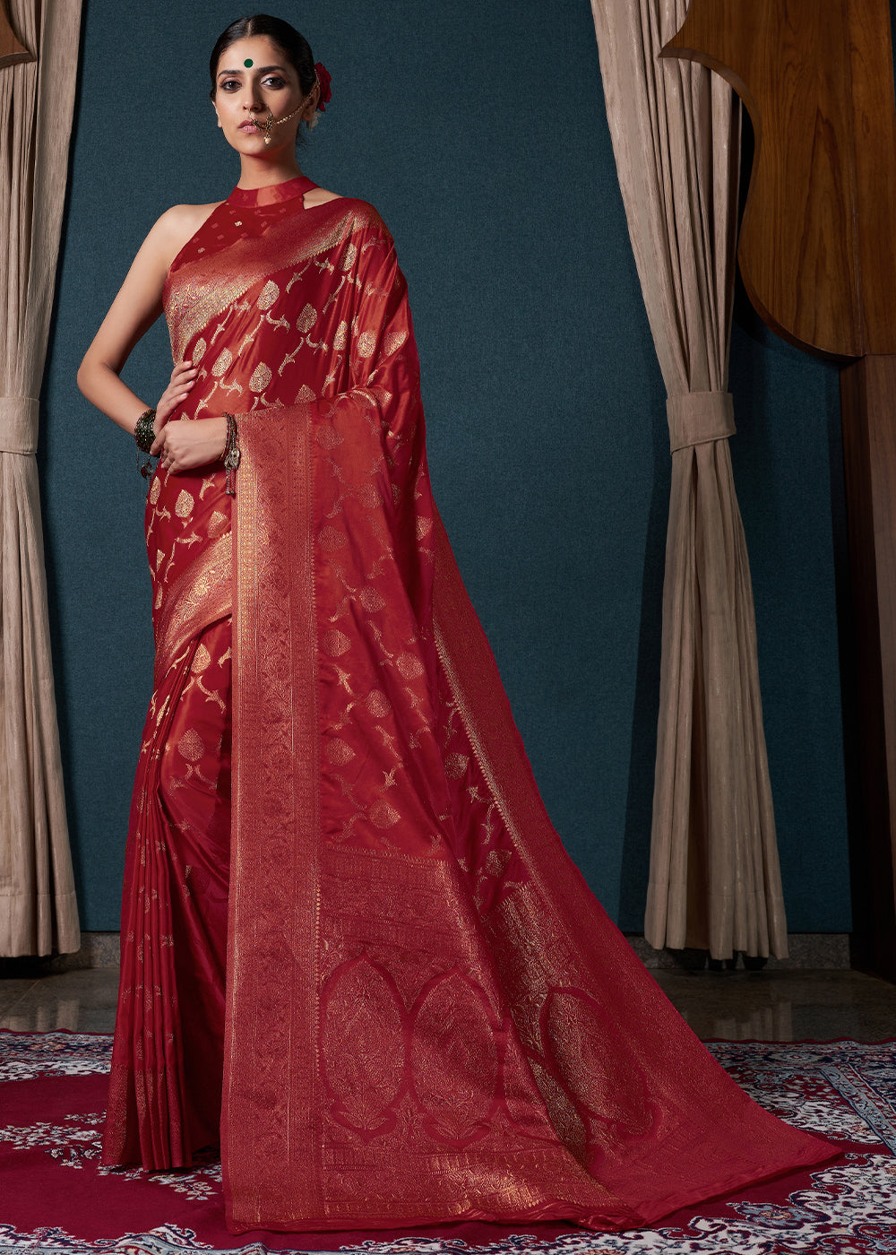 Crimson Red Zari Woven Satin Silk Saree