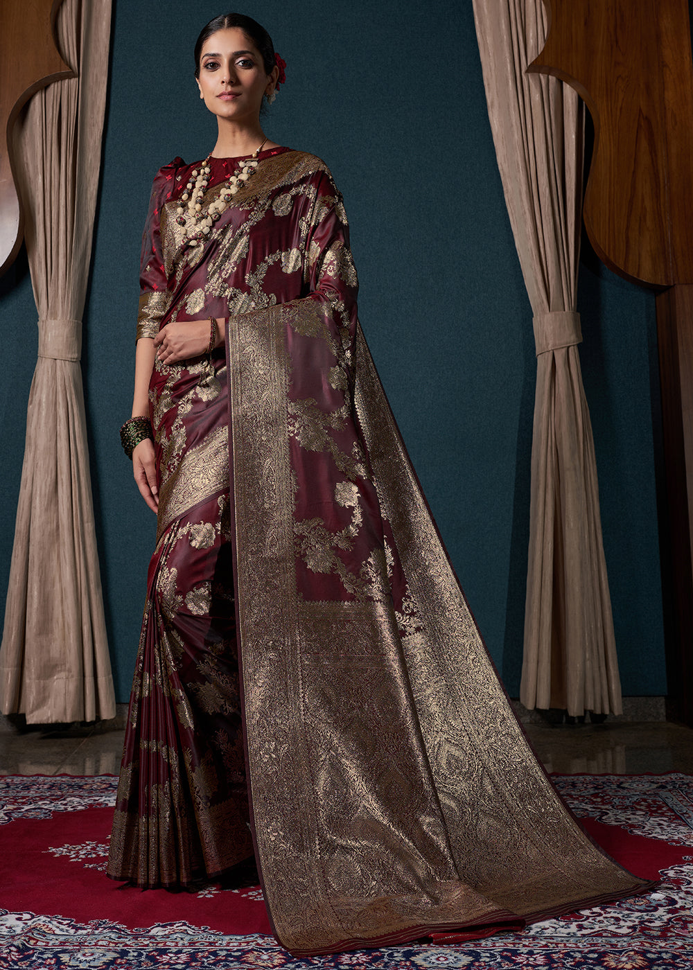 Dark Maroon Brown Zari Woven Satin Silk Saree