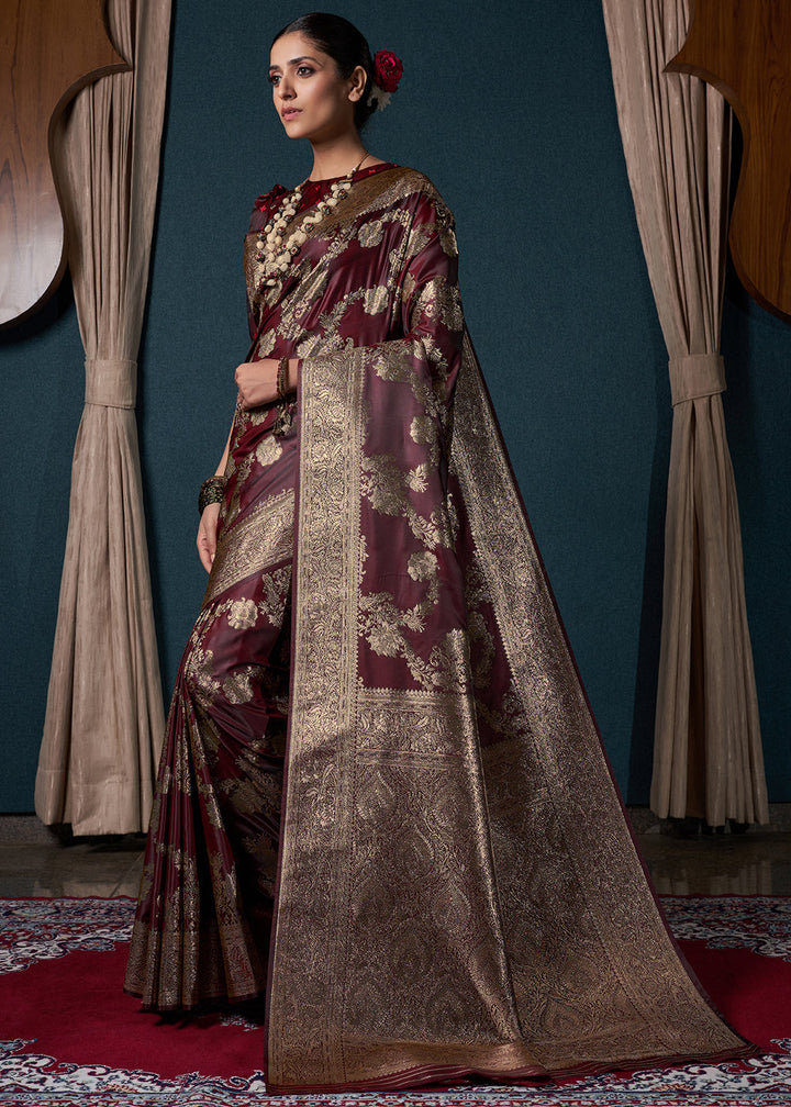 Dark Maroon Brown Zari Woven Satin Silk Saree