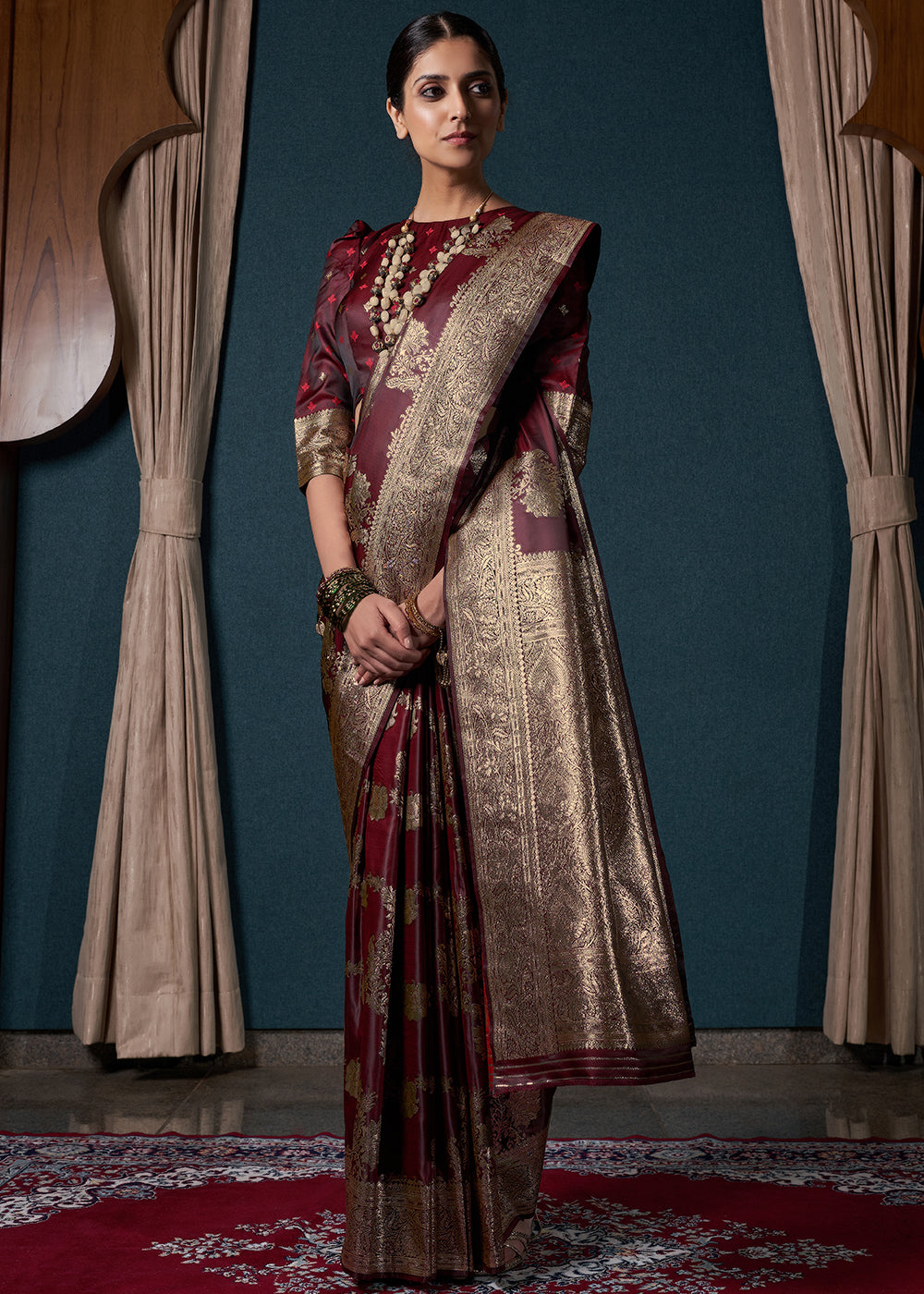 Dark Maroon Brown Zari Woven Satin Silk Saree