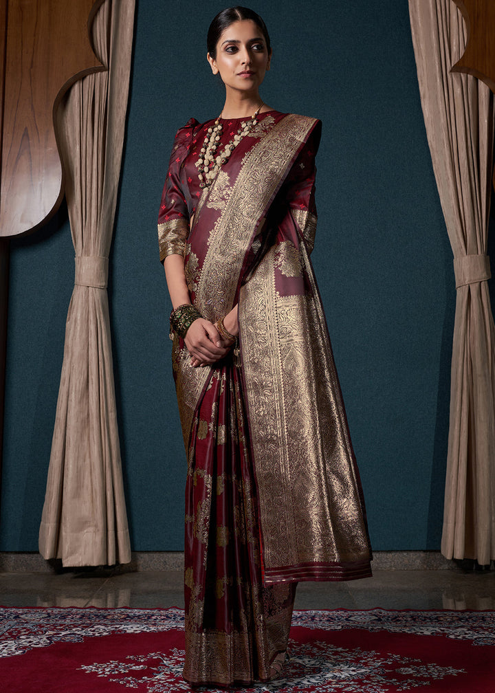 Dark Maroon Brown Zari Woven Satin Silk Saree