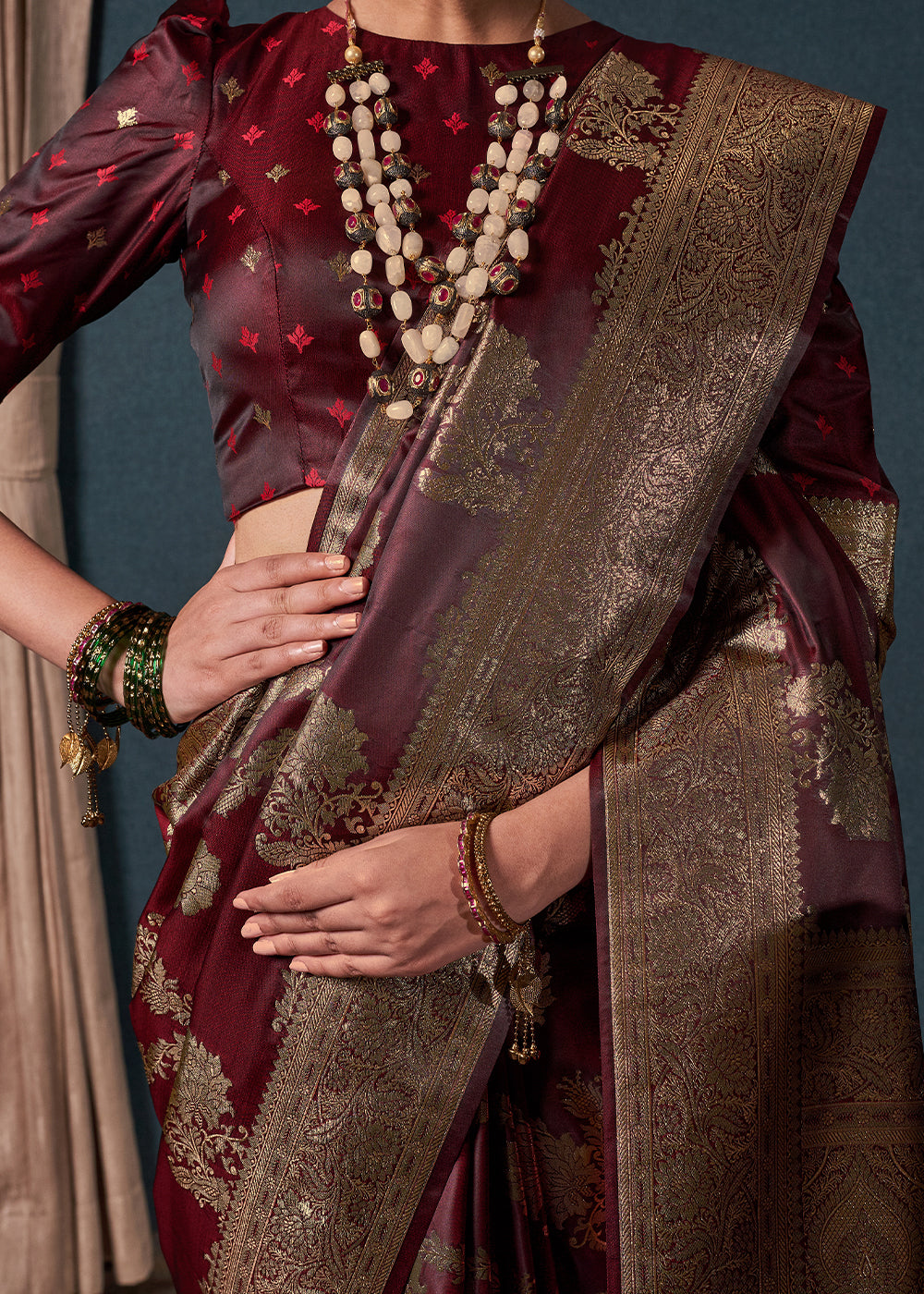 Dark Maroon Brown Zari Woven Satin Silk Saree