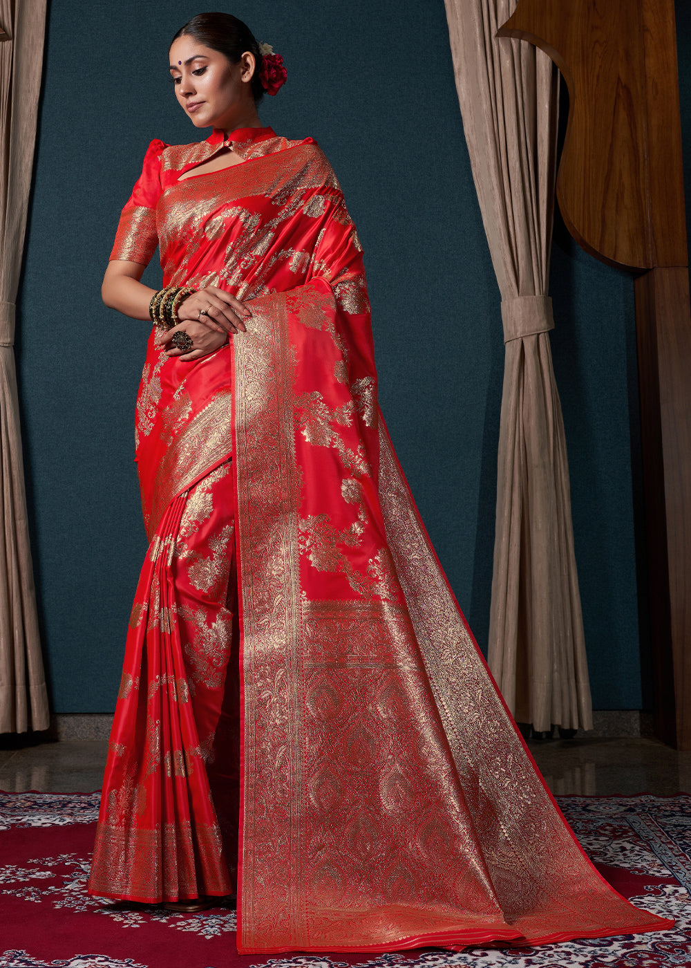 Ferrari Red Zari Woven Satin Silk Saree