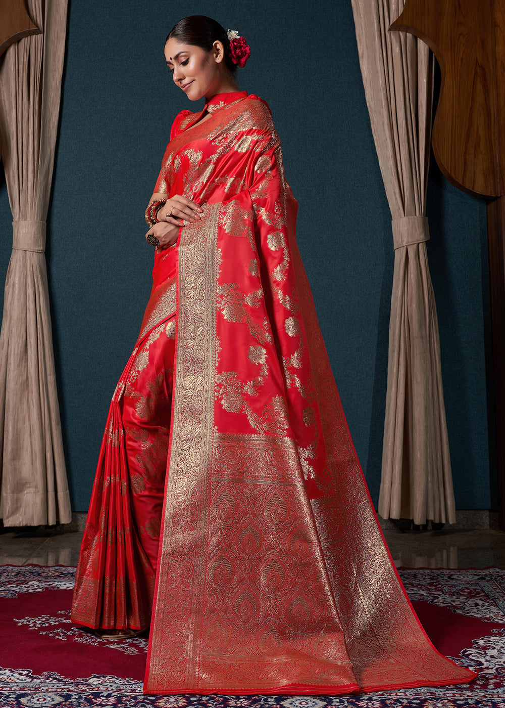 Ferrari Red Zari Woven Satin Silk Saree