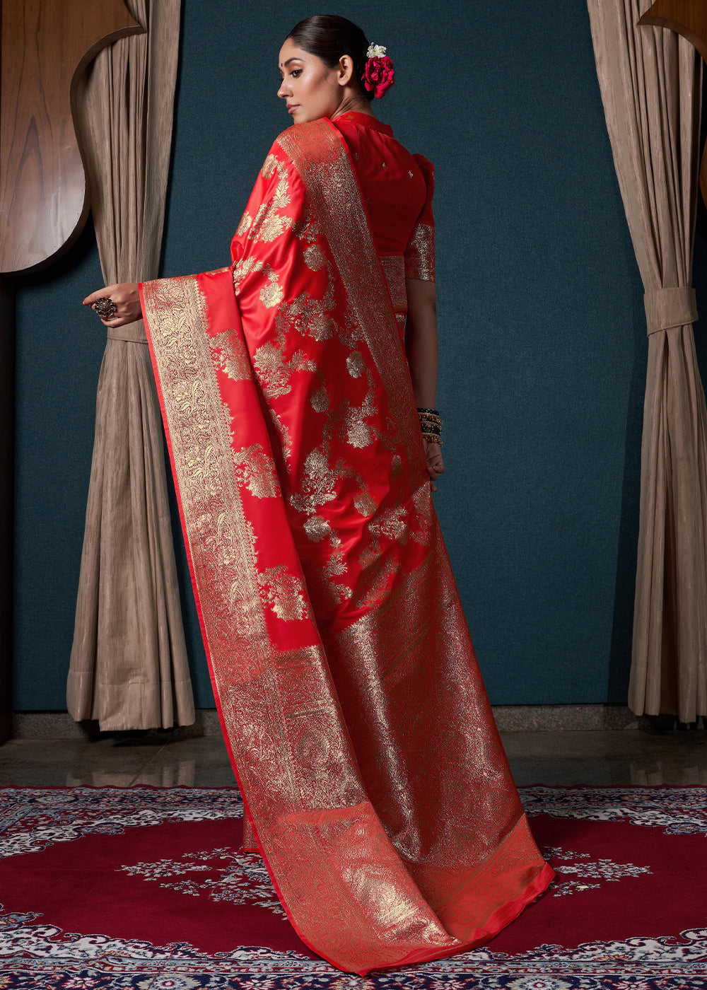 Ferrari Red Zari Woven Satin Silk Saree