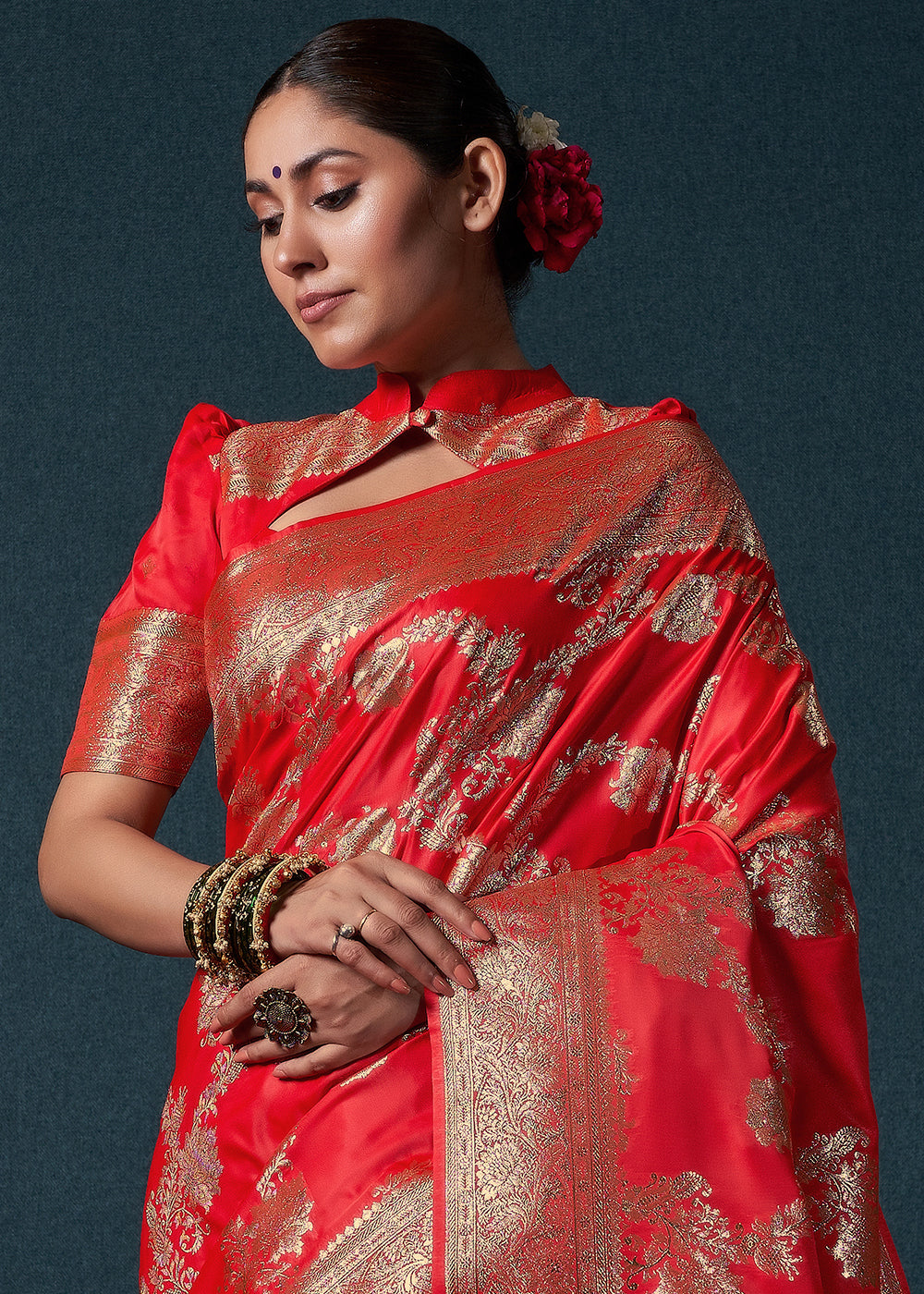 Ferrari Red Zari Woven Satin Silk Saree