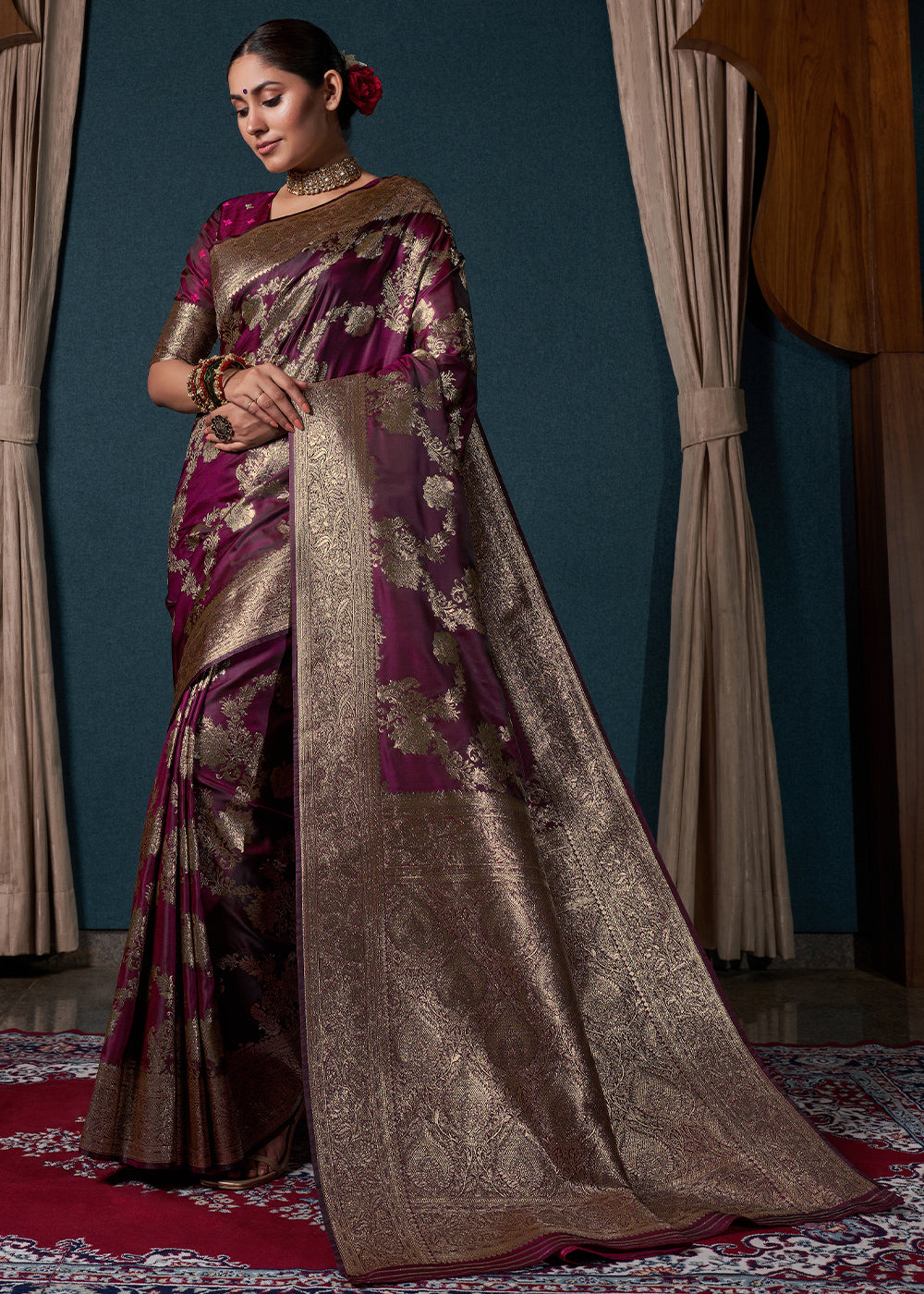 Boysenberry Purple Zari Woven Satin Silk Saree