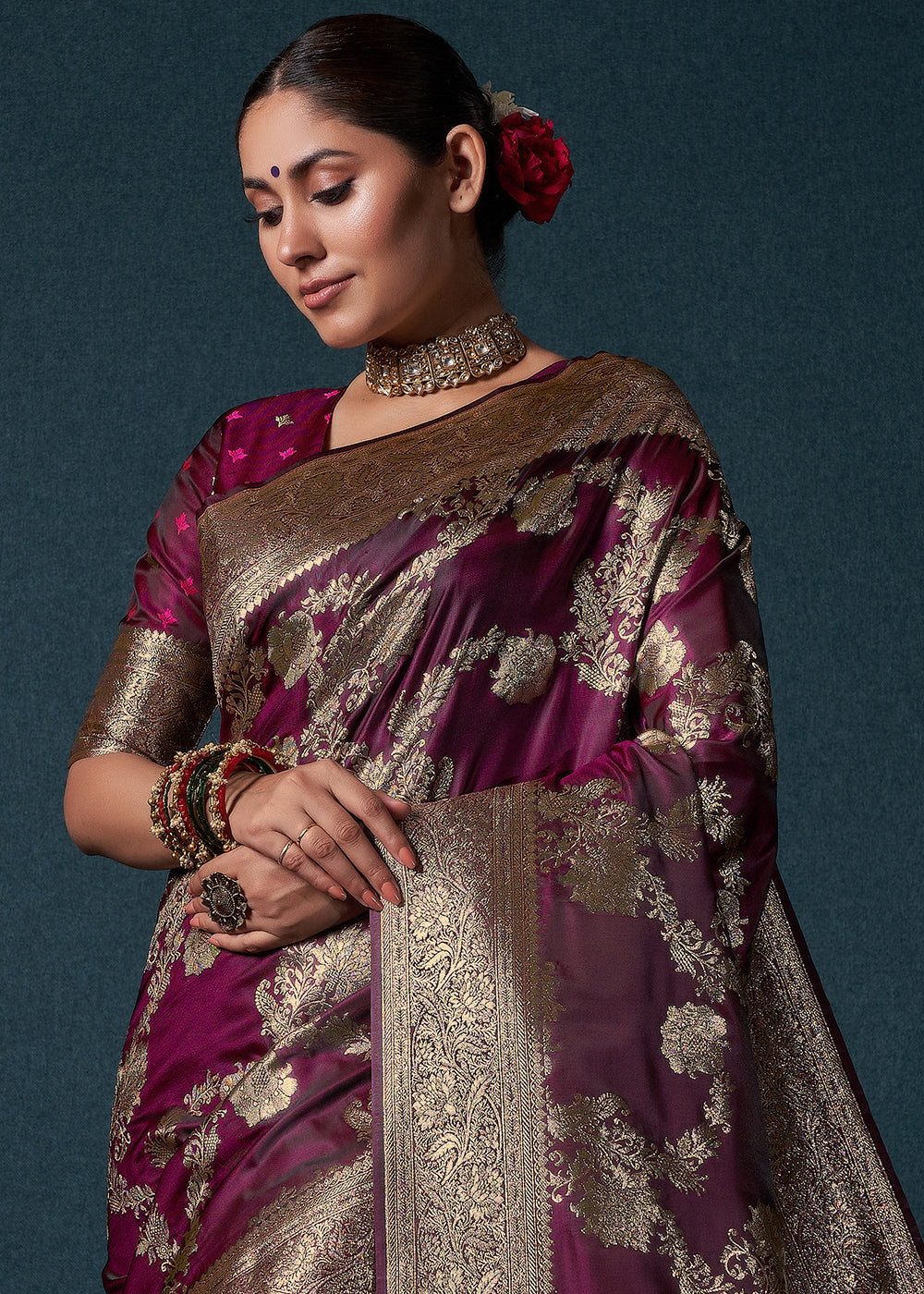 Boysenberry Purple Zari Woven Satin Silk Saree