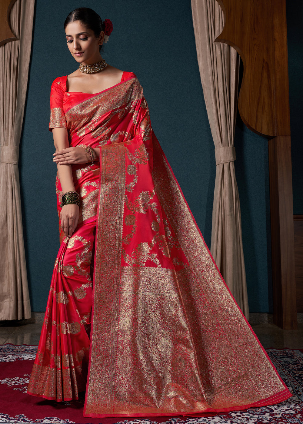 Candy Red Zari Woven Satin Silk Saree