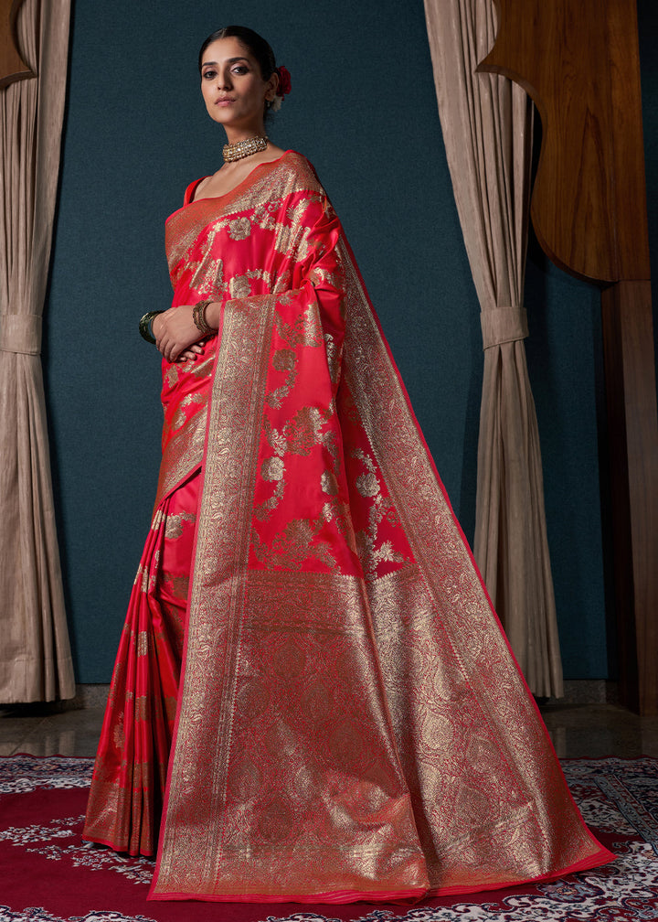 Candy Red Zari Woven Satin Silk Saree