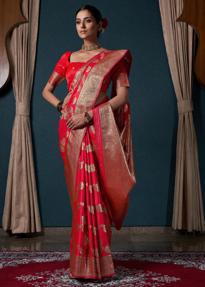 Candy Red Zari Woven Satin Silk Saree