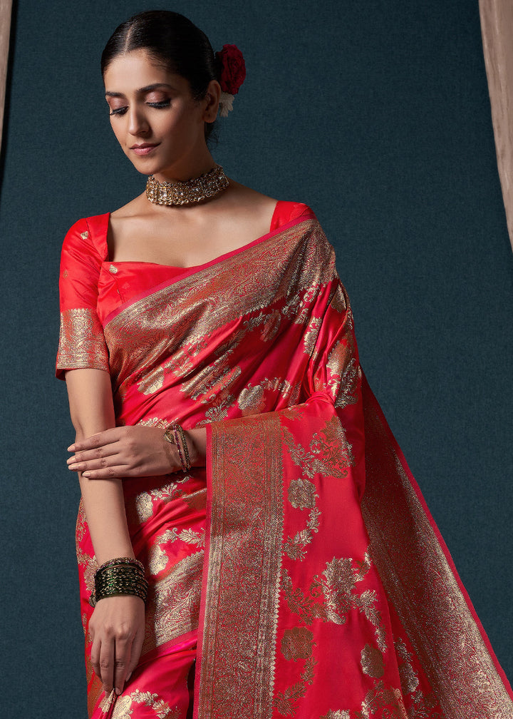 Candy Red Zari Woven Satin Silk Saree