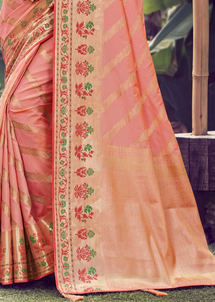 Salmon Pink Zari Woven Banarasi Silk Saree