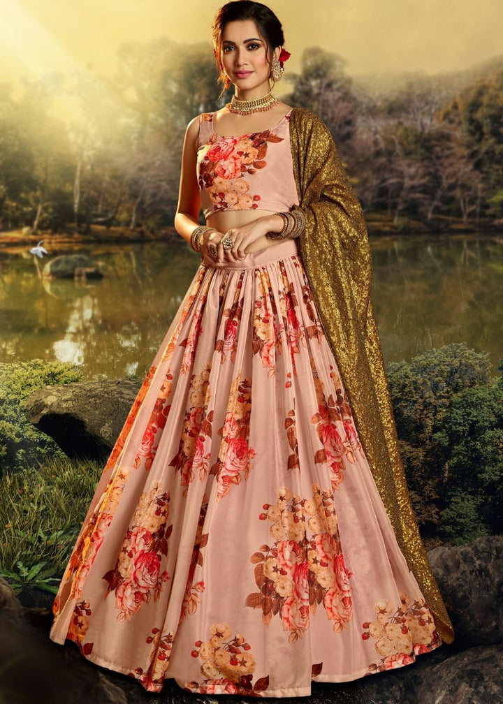 Coral Pink Pure Organza Designer Printed Floral Lehenga Choli with Sequins and Zari work