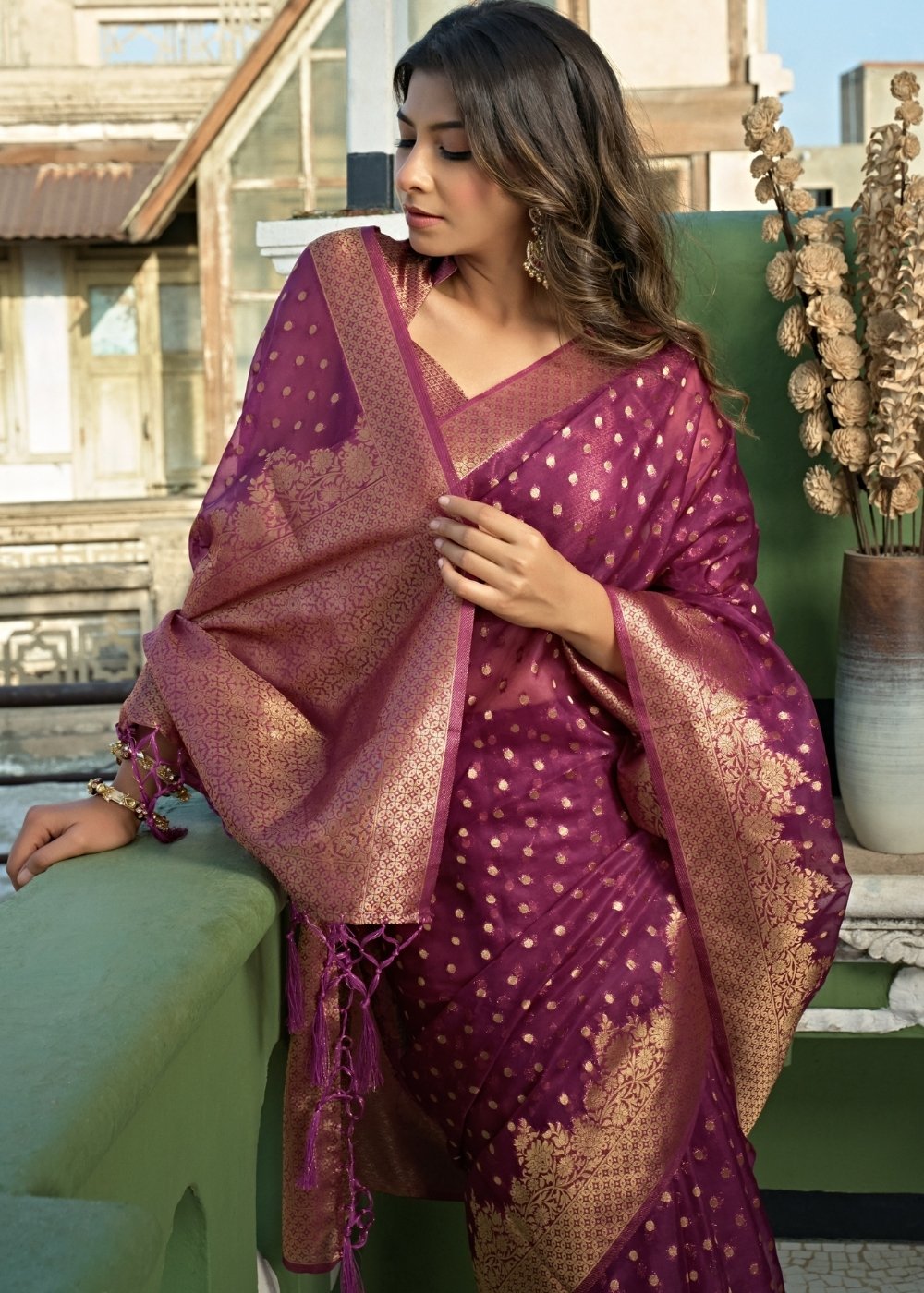 Plum Purple Zari Woven Organza Silk Saree