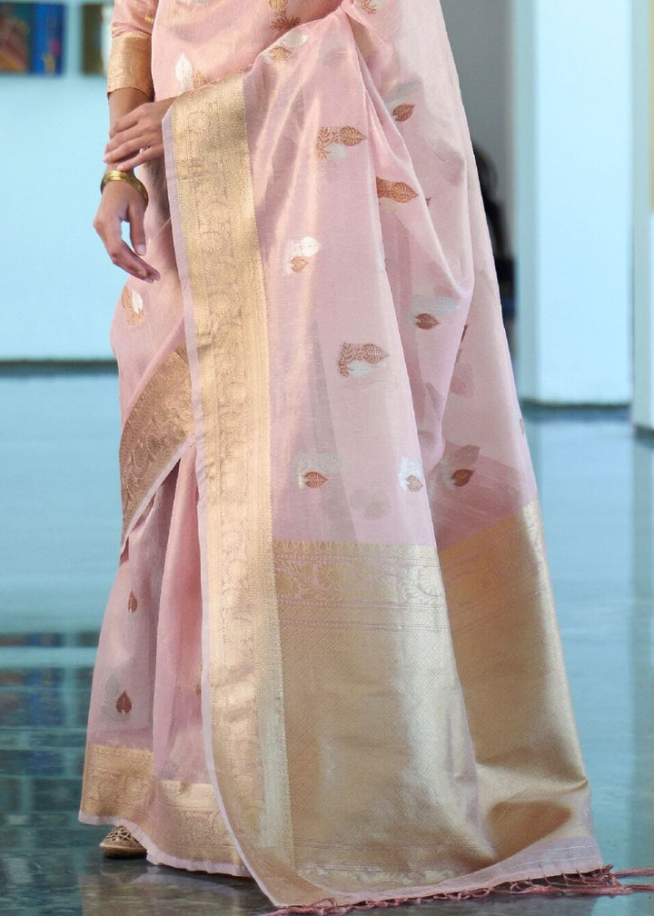 Lavender Pink Zari Woven Organza Silk Saree