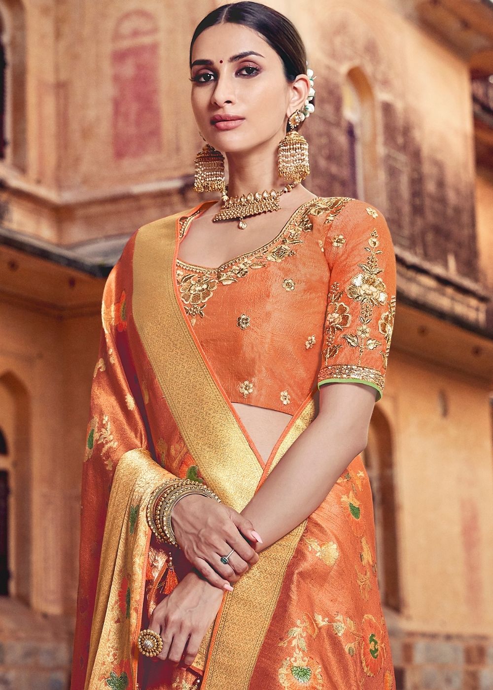 Carrot Orange Chanderi-Banarasi Fusion Woven Saree