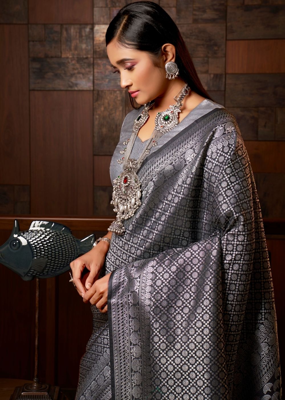 Anchor Grey  Silver Zari work Kanjivaram Silk Saree