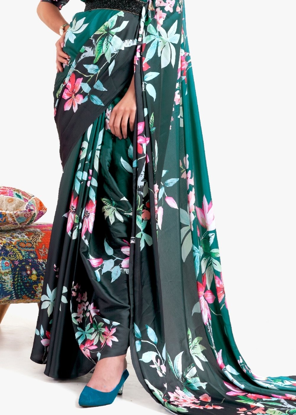 Teal Green Digital Printed Satin Crepe Saree