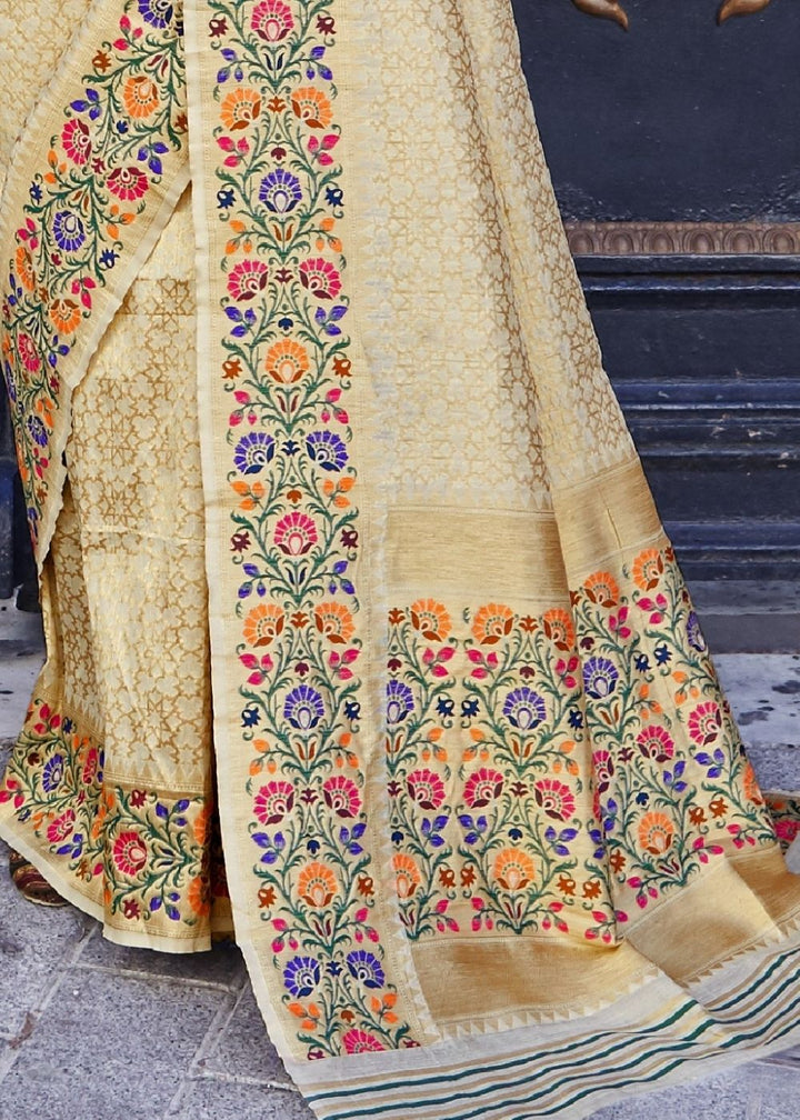 Cream and Golden Blend Silk Saree with Floral Woven Border and Pallu