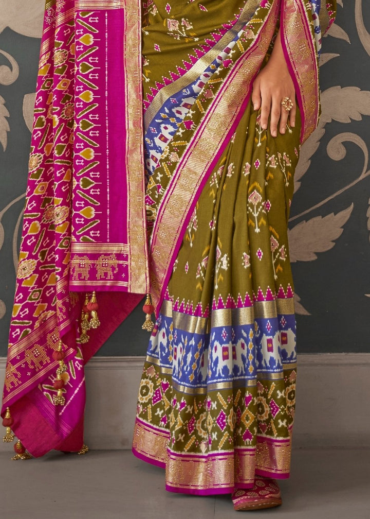 Green & Pink Patola Silk Saree with Zari Border & Tassels On Pallu