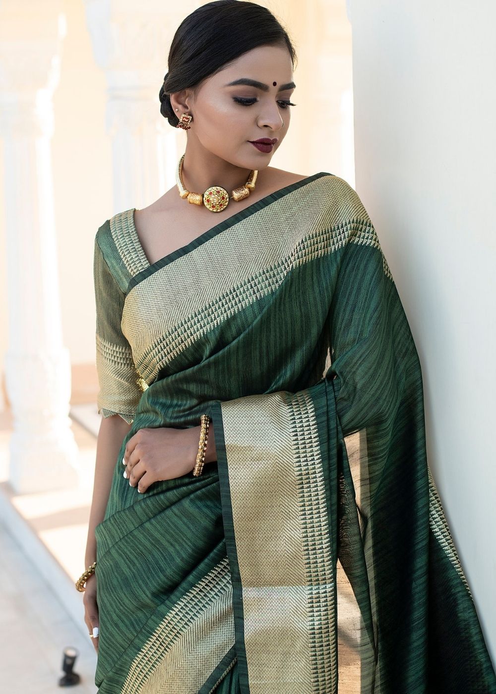 Bottle Green Zari Woven Designer Tussar Silk Saree