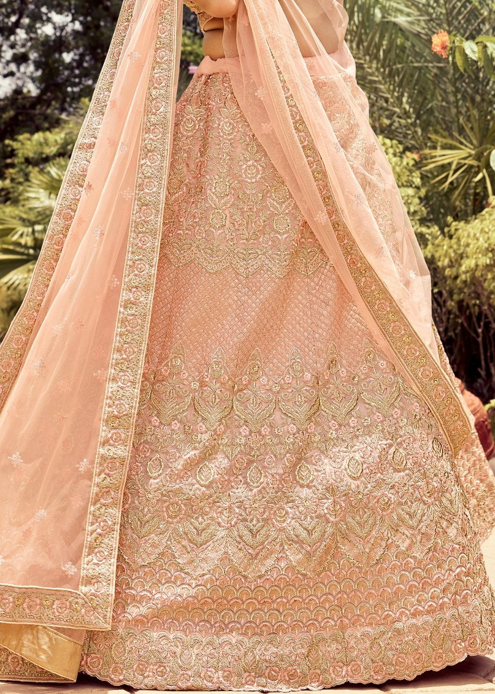 Peach Pink Organza Lehenga Choli with Resham, Dori & Zari work