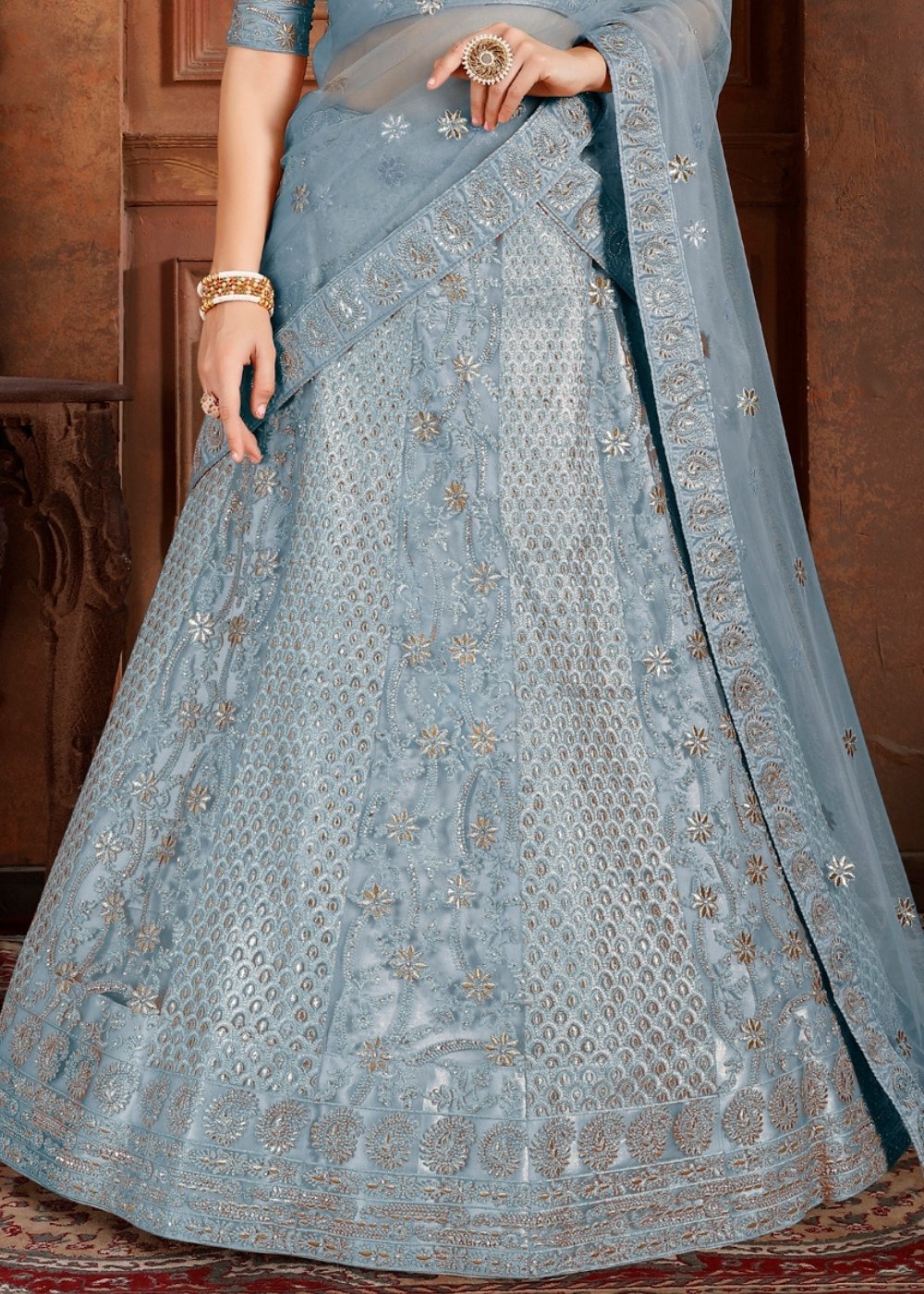 Pigeon Blue Soft Net Lehenga Choli with Thread,Zari, Zarkan & Pearl work