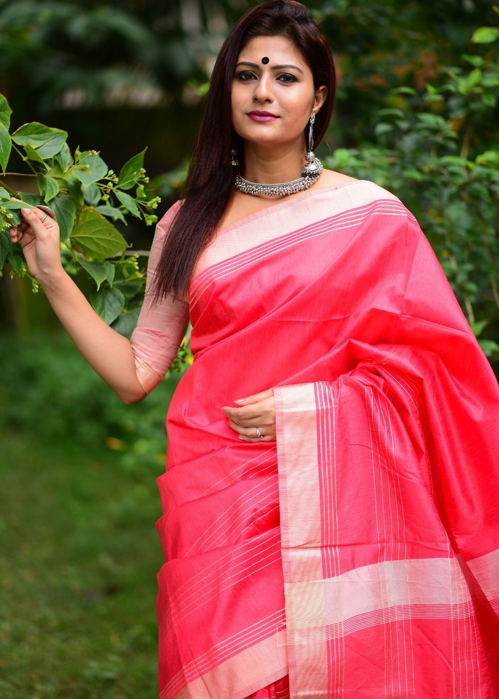 Strawberry Pink Designer Raw Silk Saree