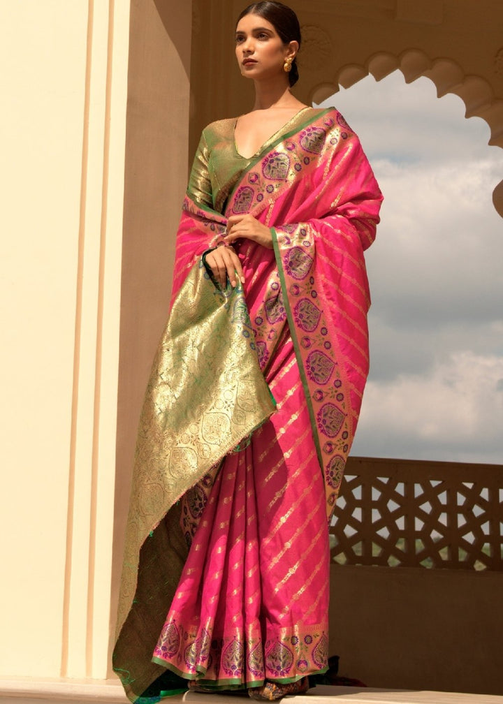 Hot Pink Woven Soft Banarasi Silk Saree with Contrast Pallu & Blouse