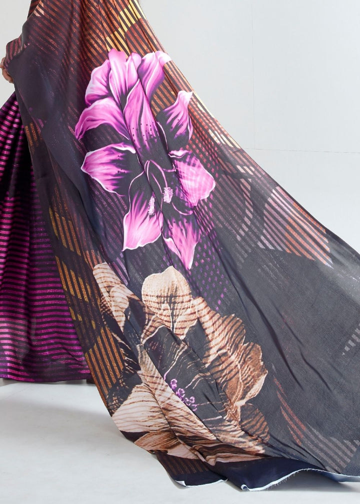 Umber Brown & Black Satin Silk Digital Printed Saree