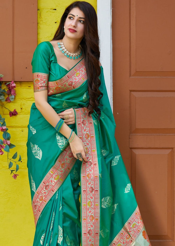 Teal Green Silk Saree with Floral Zari Border and Silver Buti Design