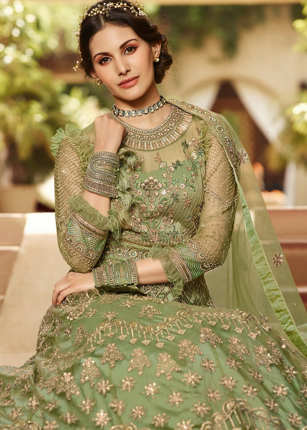 Green Heavy Embroidered Net Anarkali