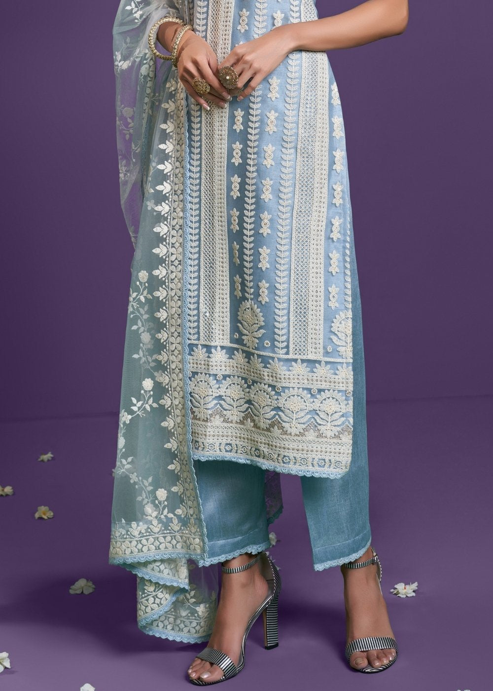 Zenith Blue Net Lucknowi Salwar Suit with Cotton Thread Embroidery & Sequence work