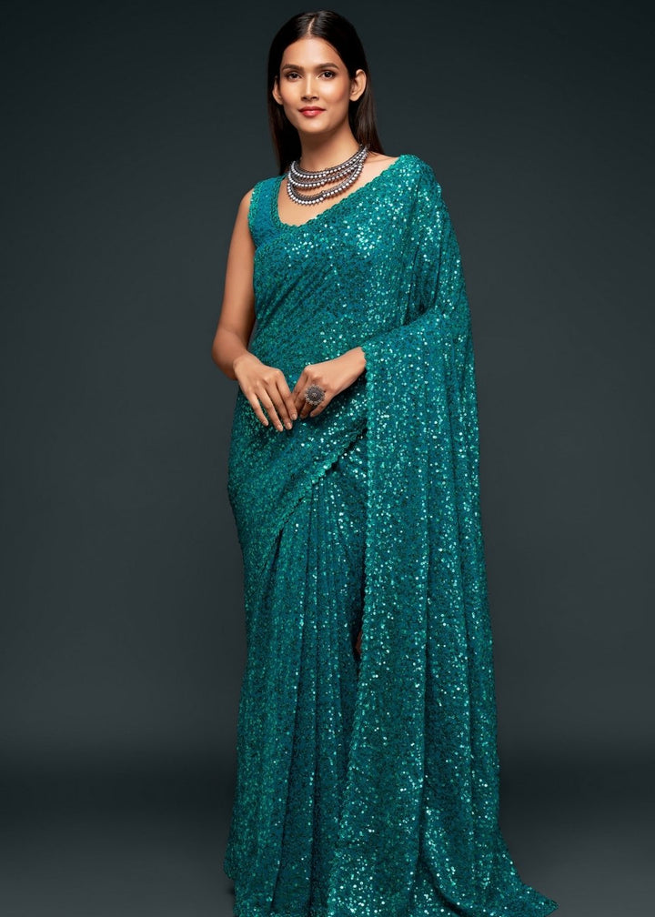 Dark Teal Blue Sequins & Thread Embroidered Designer Georgette Saree