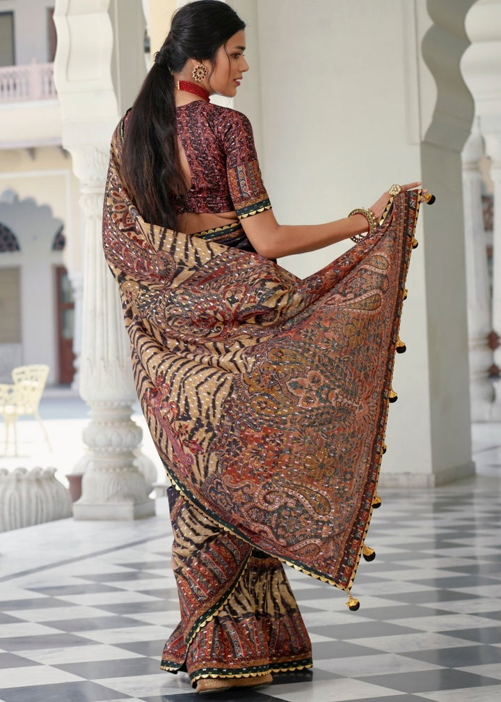 Brown & Black Digital Print Silk Saree