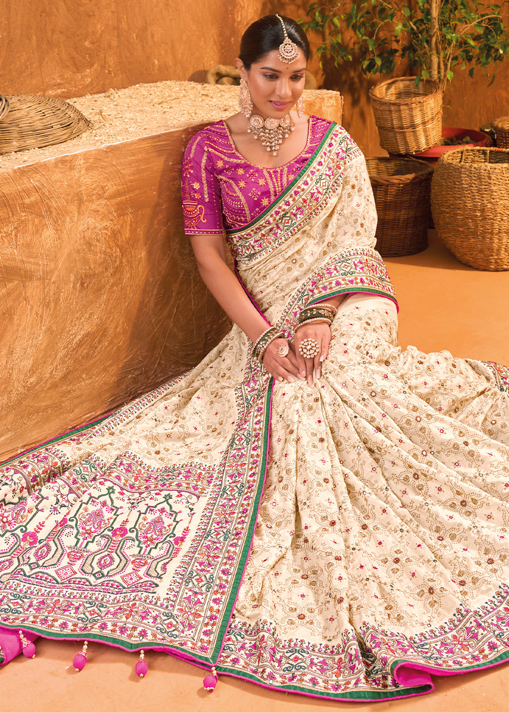 Pearl White Banarasi Silk Saree with Diamond, Mirror & Kachhi work