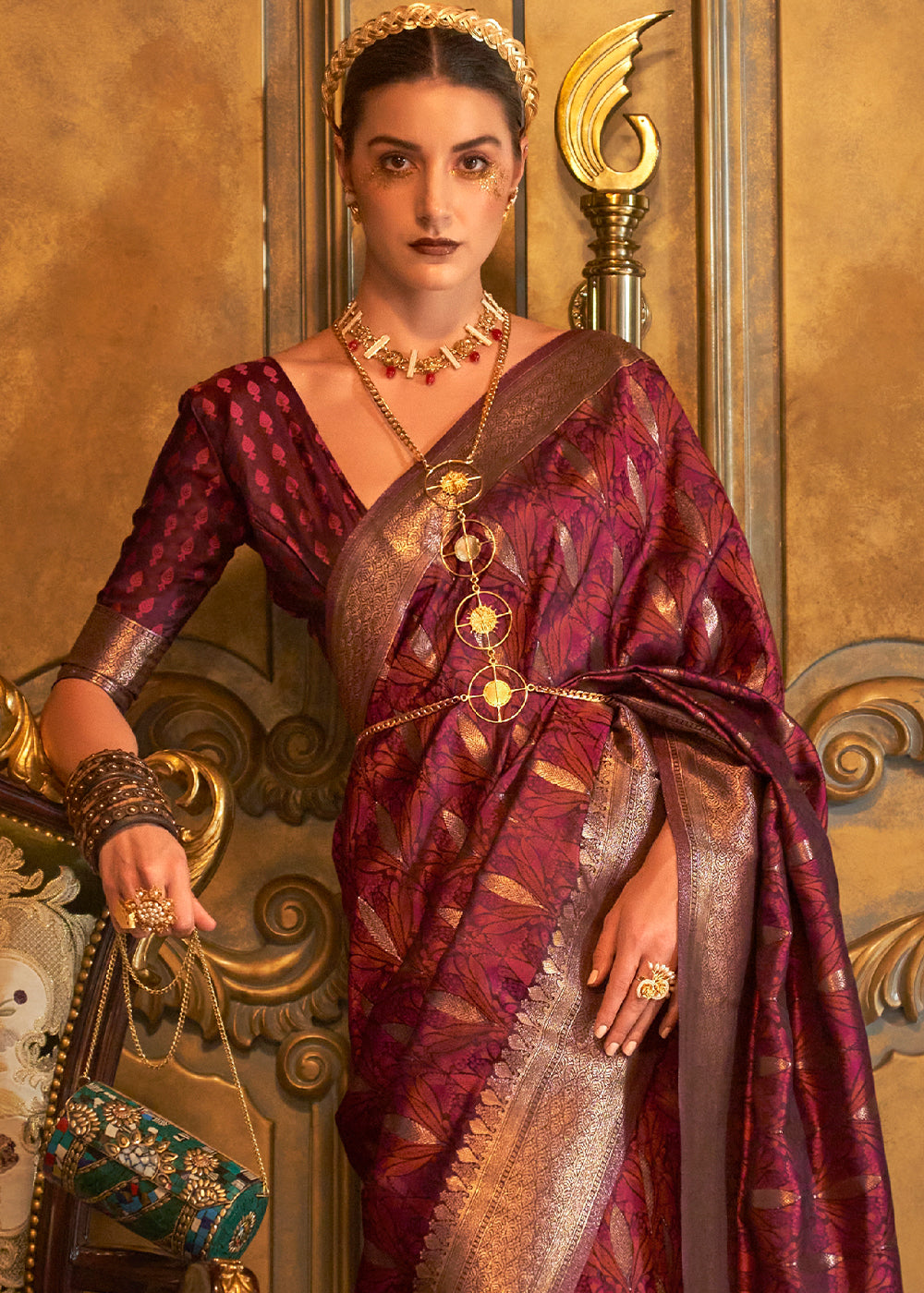 Maroon Brown Handloom Woven Satin Silk Saree