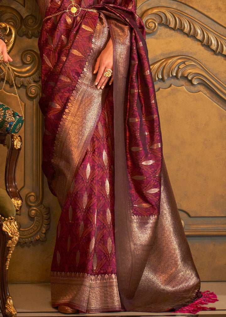 Maroon Brown Handloom Woven Satin Silk Saree