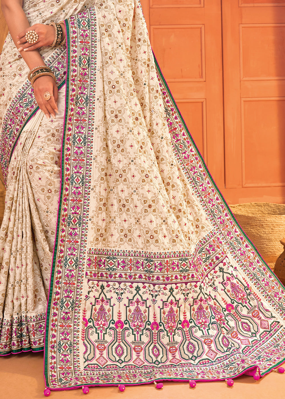 Pearl White Banarasi Silk Saree with Diamond, Mirror & Kachhi work