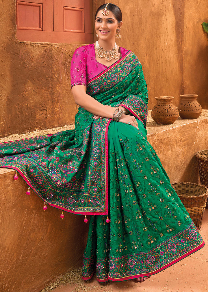 Castleton Green Banarasi Silk Saree with Diamond,Mirror & Kachhi work