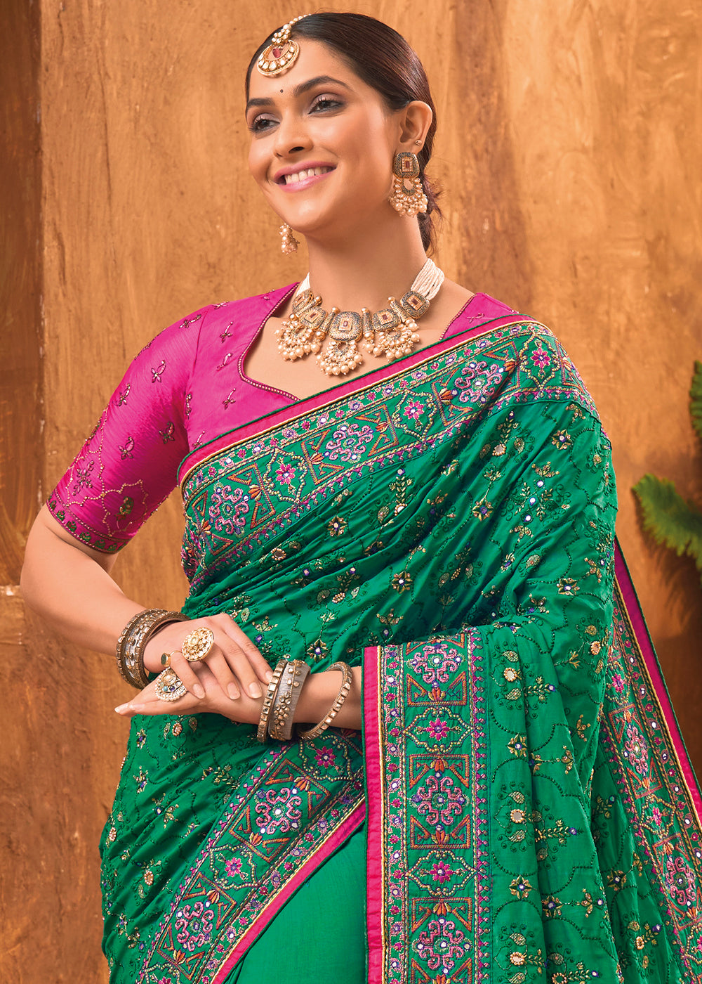 Castleton Green Banarasi Silk Saree with Diamond,Mirror & Kachhi work