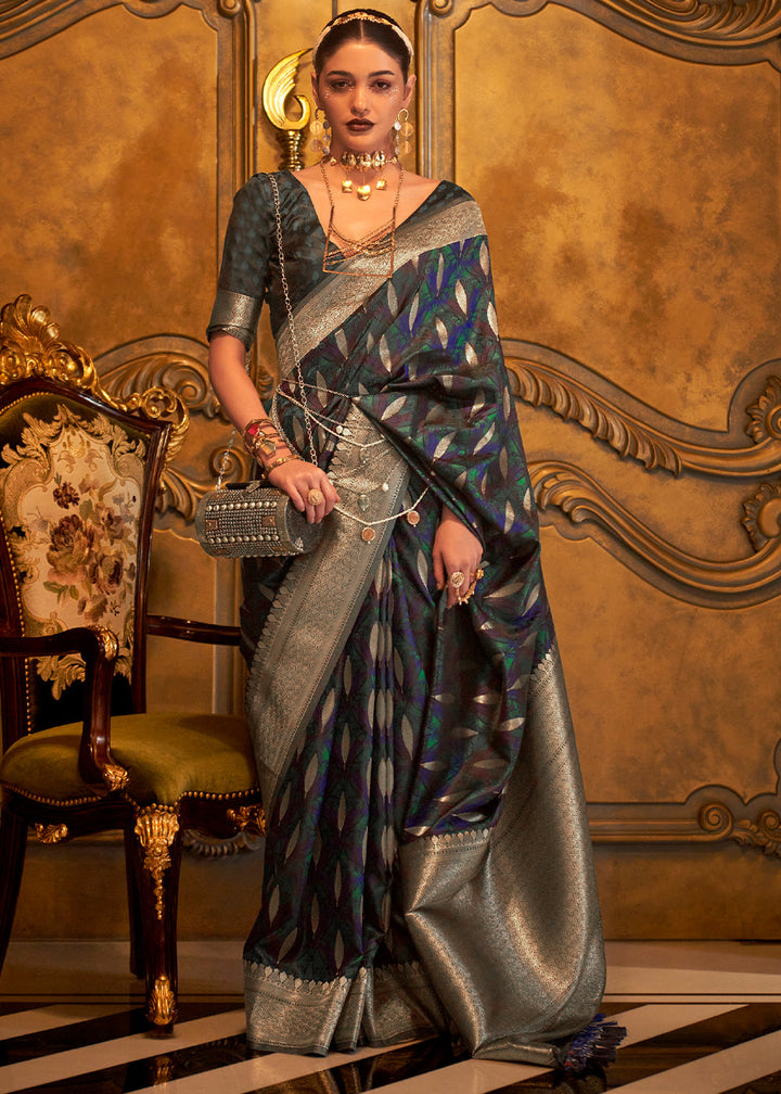 Charleston Green Handloom Woven Satin Silk Saree