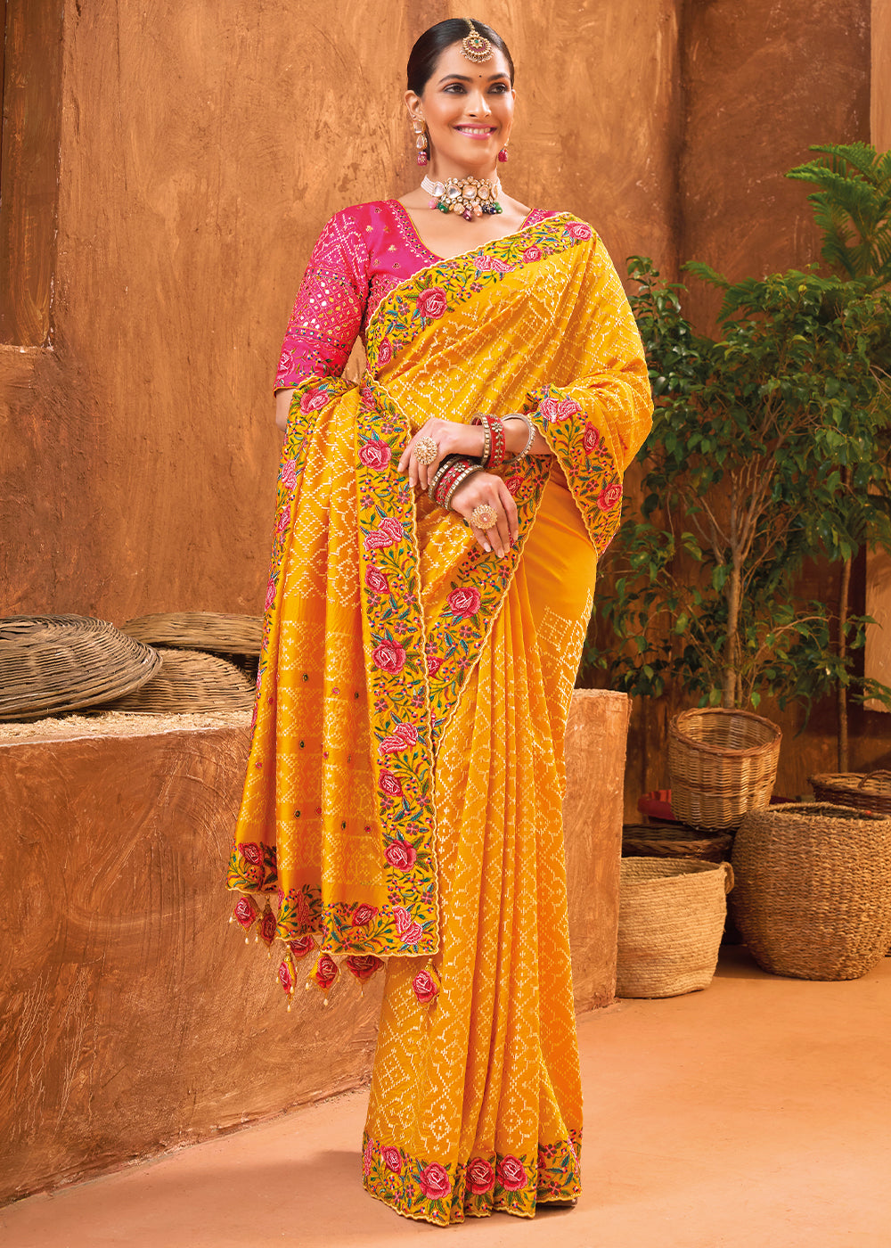 Saffron Yellow Banarasi Silk Saree with Cut-Dana,Mirror & Kachhi work