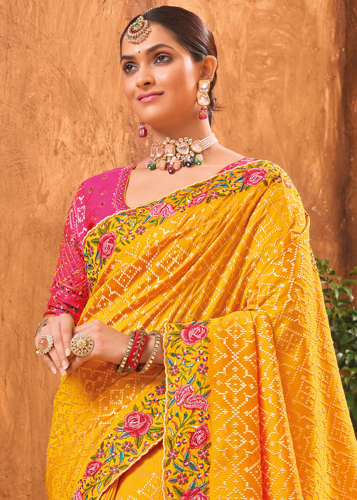 Saffron Yellow Banarasi Silk Saree with Cut-Dana,Mirror & Kachhi work